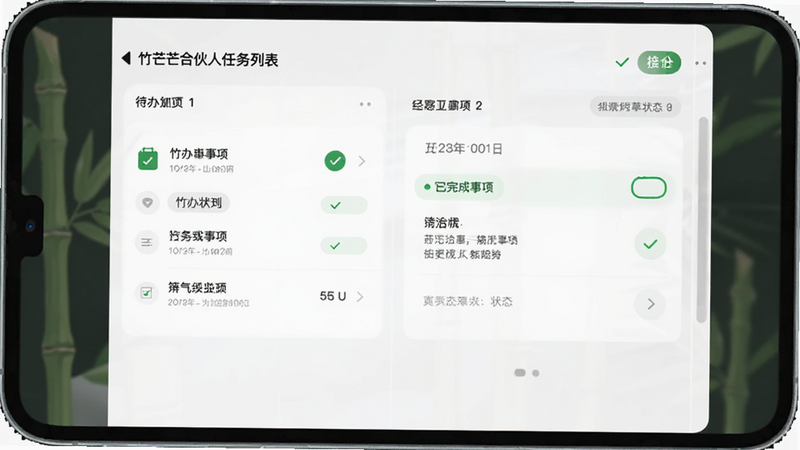 竹芒合伙人任务列表界面,显示待办事项、已完成事项,带有日期和状态标签,简洁明了,绿色勾选标记,现代APP设计