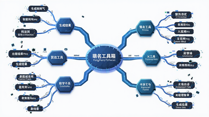 萌名工具箱智能生成功能示意图,主体为算法连接节点,布局为发散式思维导图,排版紧凑,风格为科技感插画,细节包含关键词与生成结果连线,画质清晰干净无多余元素