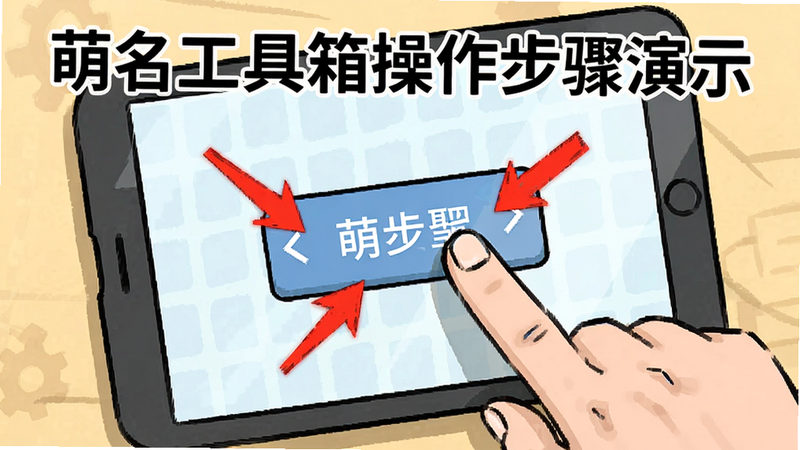 萌名工具箱操作步骤演示,主体为手指点击屏幕,布局为第一人称视角,排版紧凑,风格为教程插画,细节包含箭头指向操作按钮,画质清晰干净无多余元素