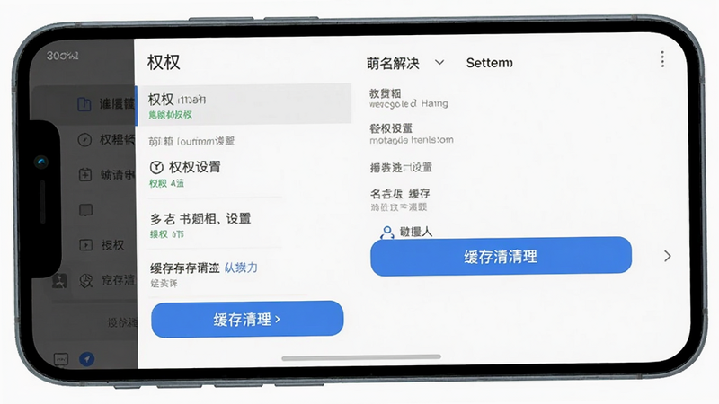 萌名工具箱常见问题解决示意图,主体为手机设置界面,布局为侧边栏菜单,排版清晰,风格为系统UI截图,细节包含权限设置和缓存清理按钮,画质干净无多余元素