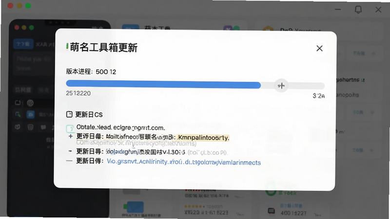萌名工具箱更新界面,主体为下载进度条,布局为居中弹窗,排版简洁,风格为现代UI,细节包含版本号和更新日志,画质干净无多余元素