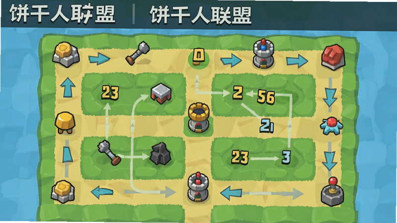 展示《饼干人联盟》策略玩法示意图,主体为一张简化版的游戏地图,上面标注着资源点、防御塔和移动路线,布局为俯视视角,排版清晰分层,风格为扁平化图标设计,细节包含数字数值和小箭头指示,画质干净无多余元素
