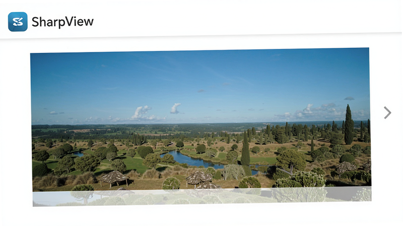 SharpView app interface showing a high-resolution photo preview, clean white background, minimalist design, sharp edges, Android UI style, 'SharpView' logo in corner, crisp quality, no clutter