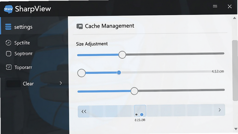 Settings screen in SharpView showing cache management options, sliders for size adjustment, clear typography, 'SharpView' settings menu