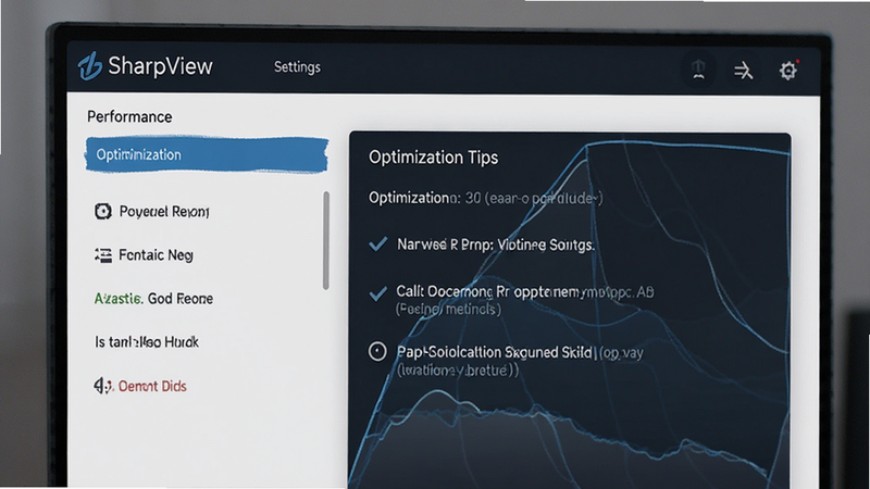 SharpView performance settings menu with optimization tips, modern interface
