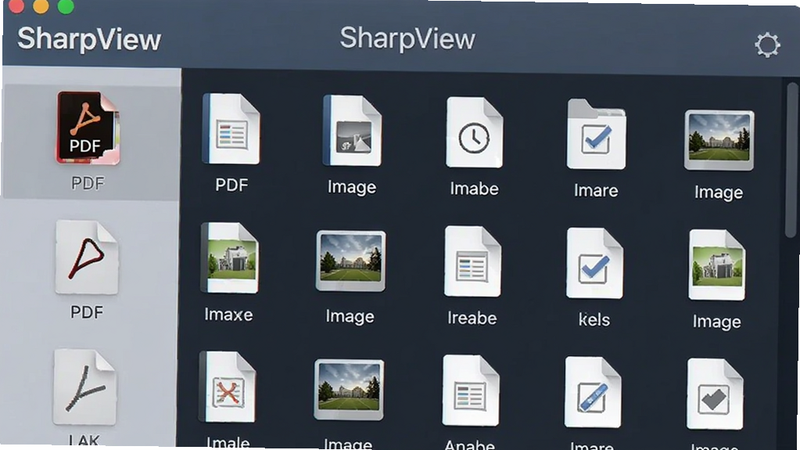 SharpView displaying a mixed list of PDF and image files, modern file manager layout, icons for each format, clear text labels, 'SharpView' header