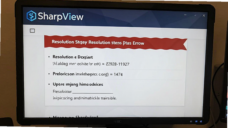 SharpView troubleshooting screen showing error message resolution steps, clean UI, 'SharpView' logo, instructional text