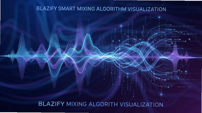 Blazify smart mixing algorithm visualization, abstract sound waves merging with digital data streams, futuristic tech style, blue and purple gradient background