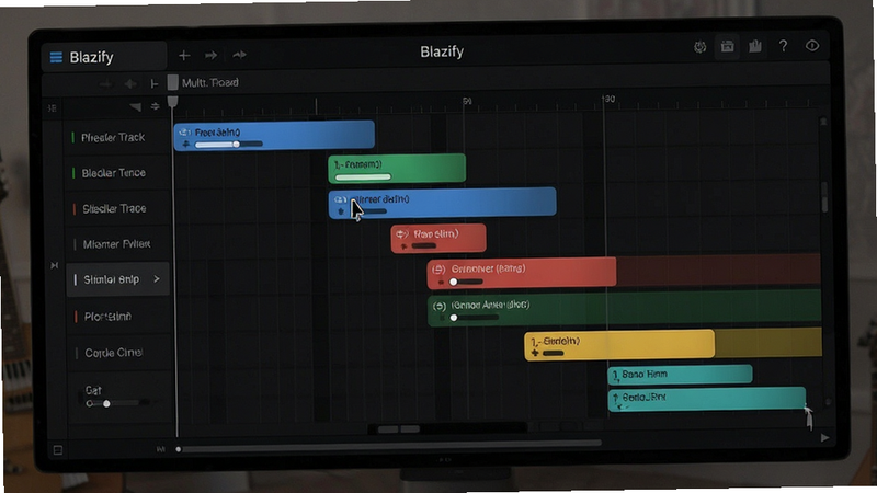 Blazify multi-track timeline editor, horizontal bars representing different instruments, cursor moving across timeline, minimalist design