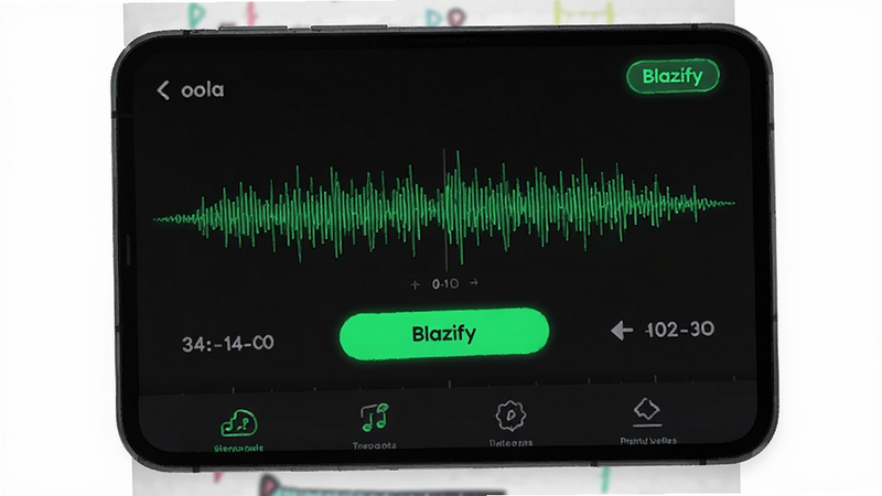 Blazify music app interface screenshot, dark mode UI with neon green accent buttons, waveform visualization on screen, clean layout, high quality digital art