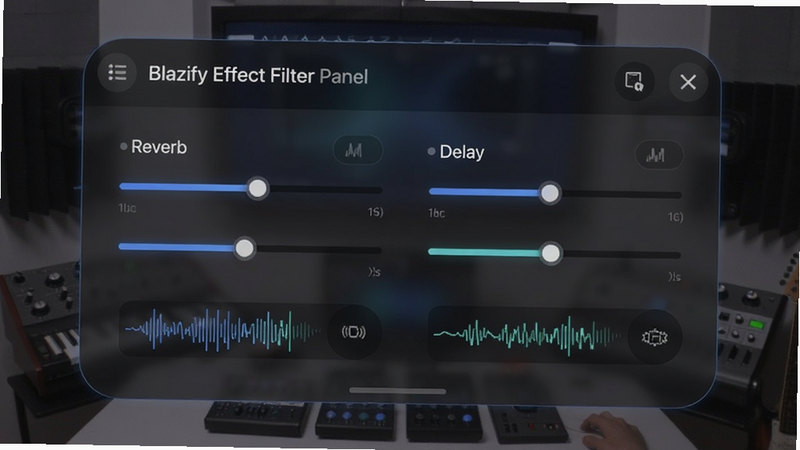 Blazify effect filter panel, sliders for reverb and delay, visual feedback of sound processing, modern UI design