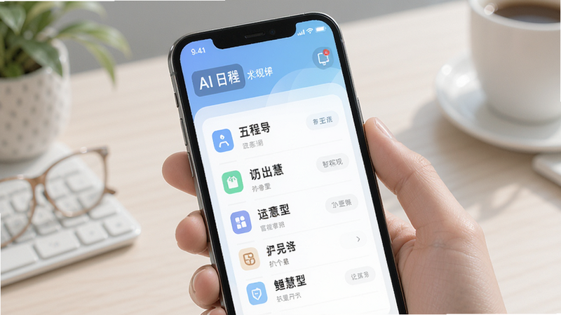 展示鲤慧智能规划功能,手机界面显示AI生成的日程列表,图标简洁,背景柔和,文字清晰,现代UI设计