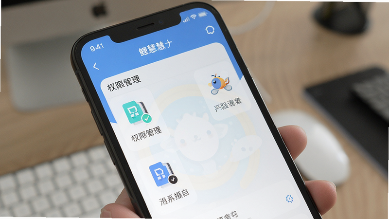 展示鲤慧应用设置界面,手机屏幕显示权限管理选项,简洁图标,清晰文字,现代风格