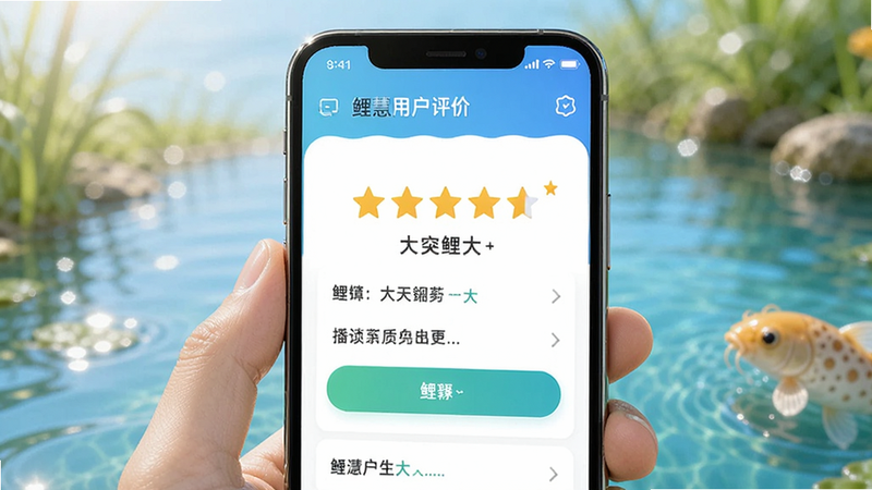 展示鲤慧用户评价界面,手机屏幕显示五星好评,简洁UI,明亮背景