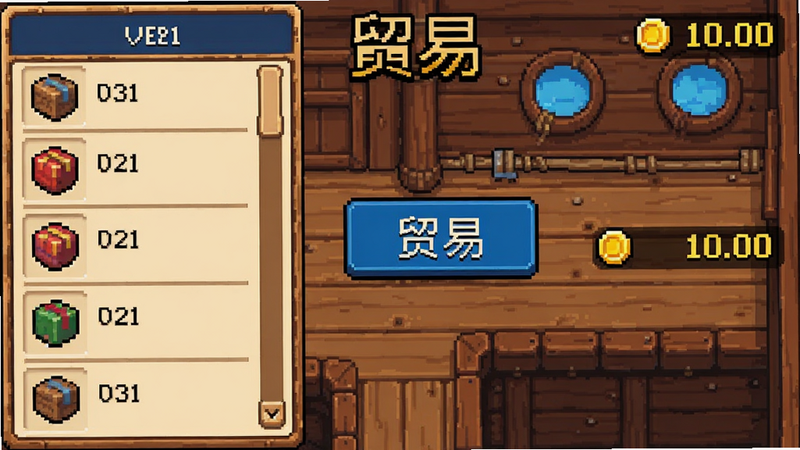 航海霸业游戏内贸易界面截图,像素风格,左侧显示货物列表,右侧显示金币数量,中间有交易按钮,背景为木质船舱,文字