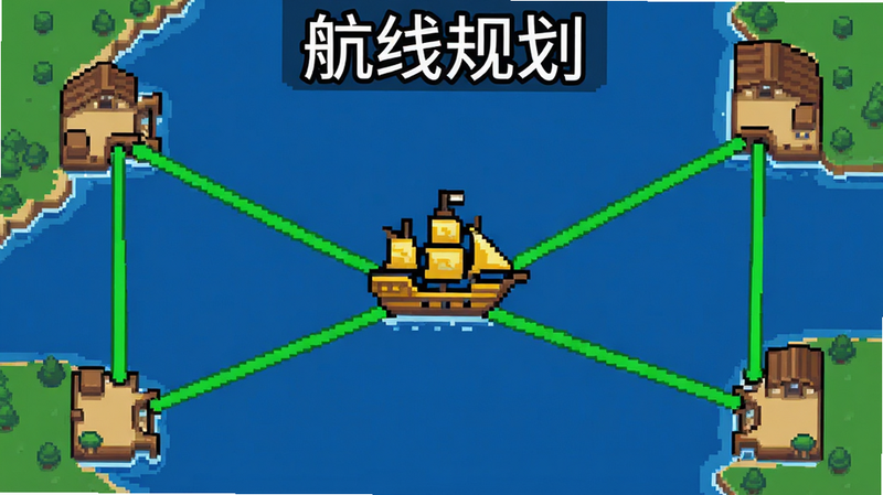 航海霸业像素风格游戏截图,展示航线地图界面,绿色线条连接各个港口,中间有一艘黄色帆船,界面简洁明了,文字