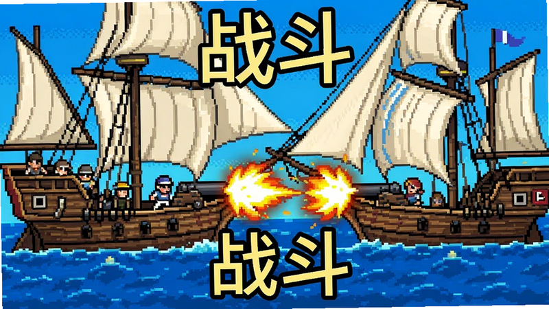 航海霸业战斗场景像素图,两艘帆船在海面上交火,炮火特效明显,船员角色清晰,画面聚焦于战斗过程,文字