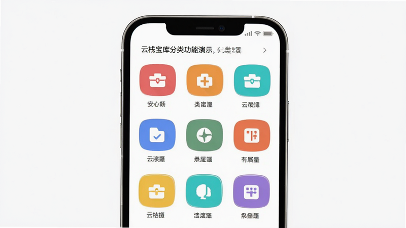 云栈宝库分类功能演示,主体为手机屏幕展示分类标签,布局网格状排列,排版整齐,风格极简主义,细节包含不同颜色图标代表不同类别,画质清晰干净无多余元素