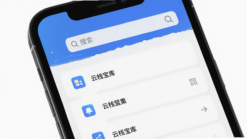 云栈宝库软件界面展示,主体为手机屏幕显示应用主菜单,布局简洁清晰,排版采用扁平化设计,风格现代科技感,细节包含图标列表和搜索栏,画质高清干净无多余元素
