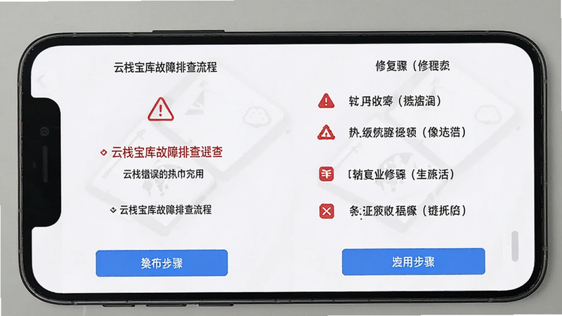 云栈宝库故障排查流程,主体为手机屏幕显示错误提示与修复步骤,布局逻辑清晰,排版列表式,风格实用导向,细节包含红色警告图标和蓝色操作按钮,画质干净无多余元素