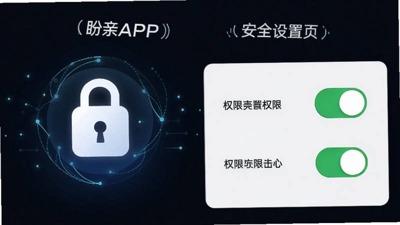盼亲APP安全设置页面,展示锁图标和权限开关,风格科技感,深色背景突出白色文字