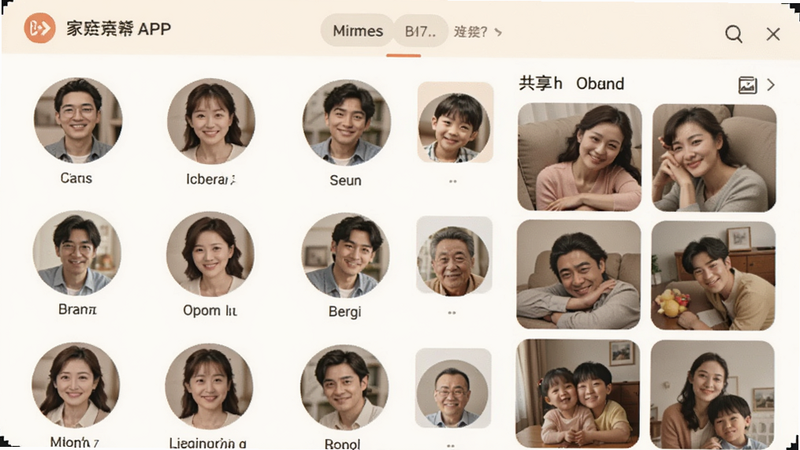盼亲APP家庭群组界面,展示多用户头像网格和共享相册缩略图,风格温馨亲切,色彩柔和