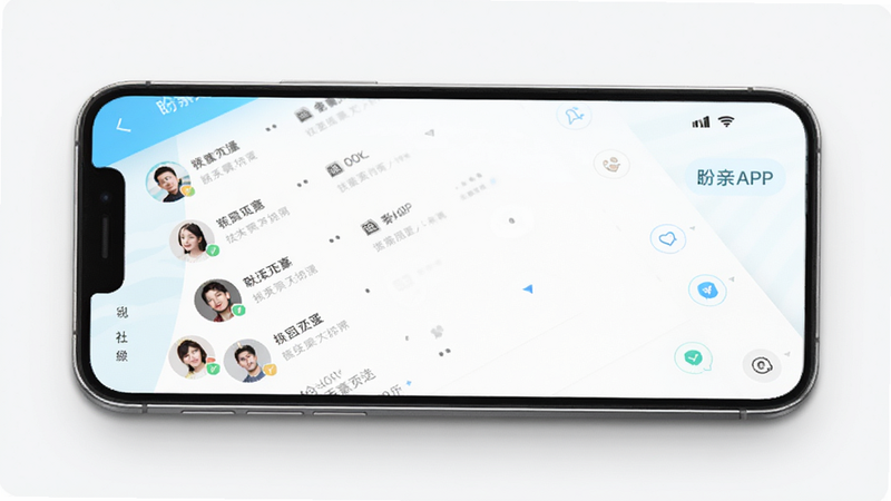 盼亲APP界面预览图,手机屏幕展示简洁的社交聊天列表和联系人头像,风格现代简约,明亮色调,干净无多余元素,高清细节