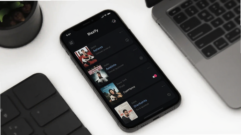 Blazify app interface mockup, minimalist design, dark mode, list of songs with album covers, clean UI, vector style, high resolution, no text