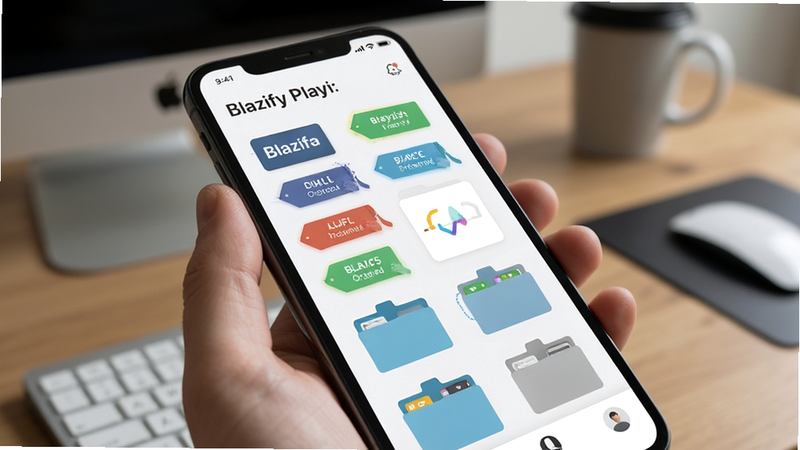 Blazify playlist organization concept, colorful tags, organized folders, smartphone screen, user interface, realistic render