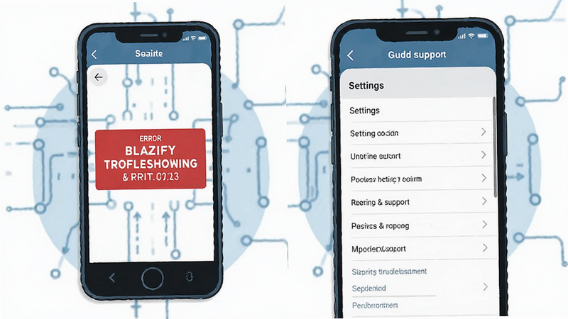 Blazify troubleshooting guide, smartphone with error message, settings menu, clean illustration, tech support style