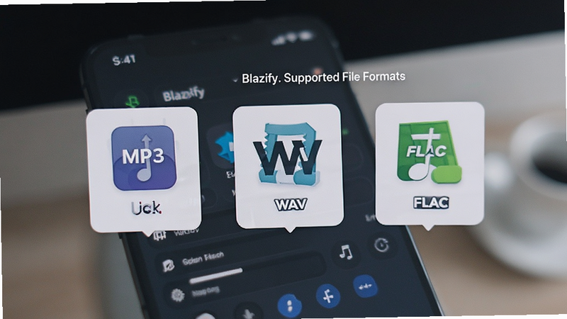 Blazify supported file formats list, icons of MP3 WAV FLAC, smartphone display, modern UI, clean design