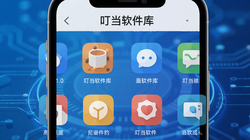 叮当软件库 2.1.0 界面展示,手机屏幕特写,显示丰富的应用分类图标网格,背景为现代科技风格,蓝色调为主,清晰显示