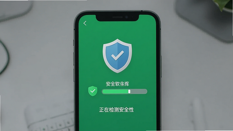 叮当软件库 安全扫描界面,盾牌图标与进度条,手机屏幕显示