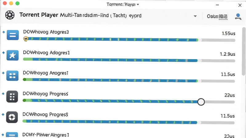 Torrent Player multi-task management, list of downloading files with status icons, progress bars, organized layout, white background, crisp text
