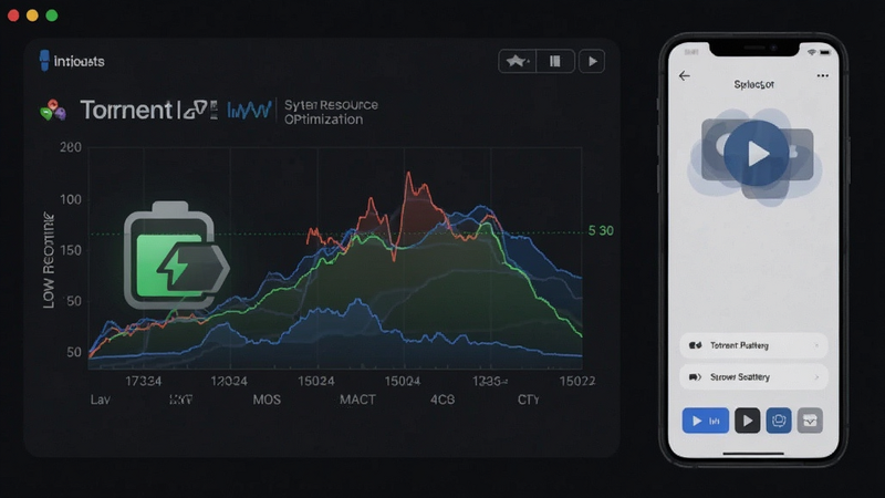 Torrent Player performance optimization, system resource usage graph, low battery usage icon, smooth scrolling UI, minimalist aesthetic, high definition