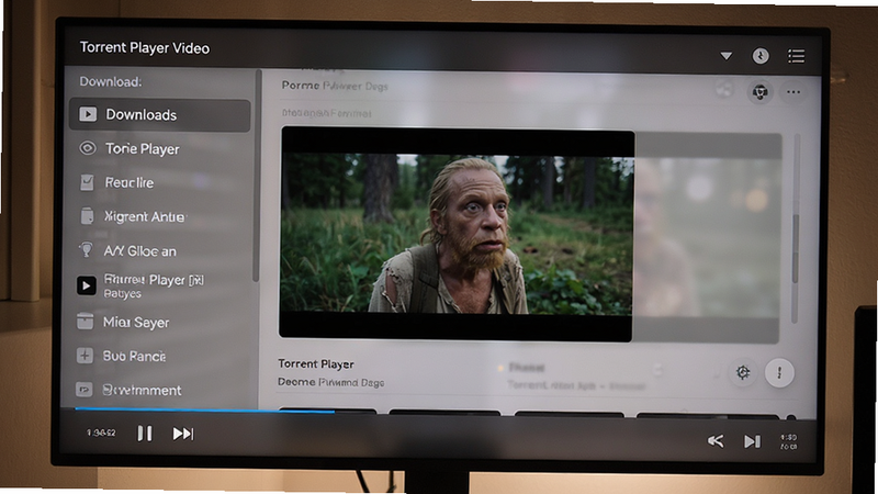 Torrent Player video preview screen, video frame embedded in download list, media player controls, clean interface, soft lighting, detailed UI elements