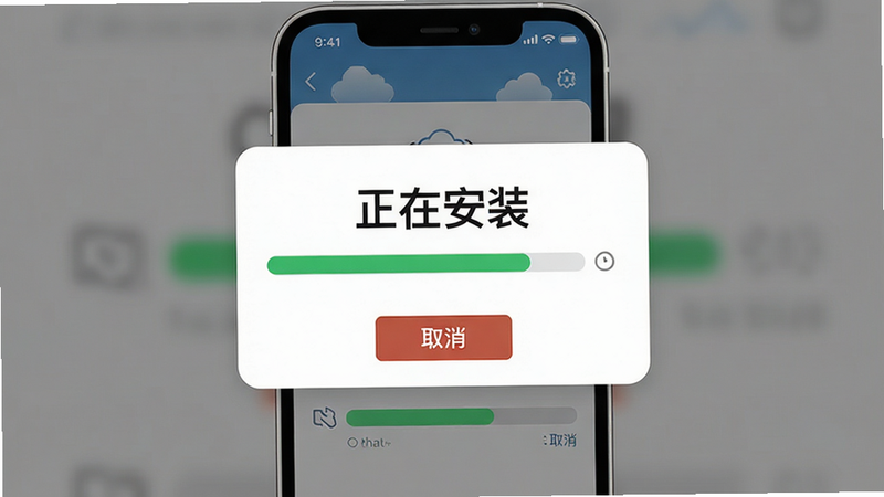 云栈宝库安装过程示意图,主体为手机屏幕显示安装进度条,布局采用居中弹窗样式,排版突出“正在安装”文字,风格简洁明了,细节包含绿色进度条与取消按钮,画质高清干净无多余元素