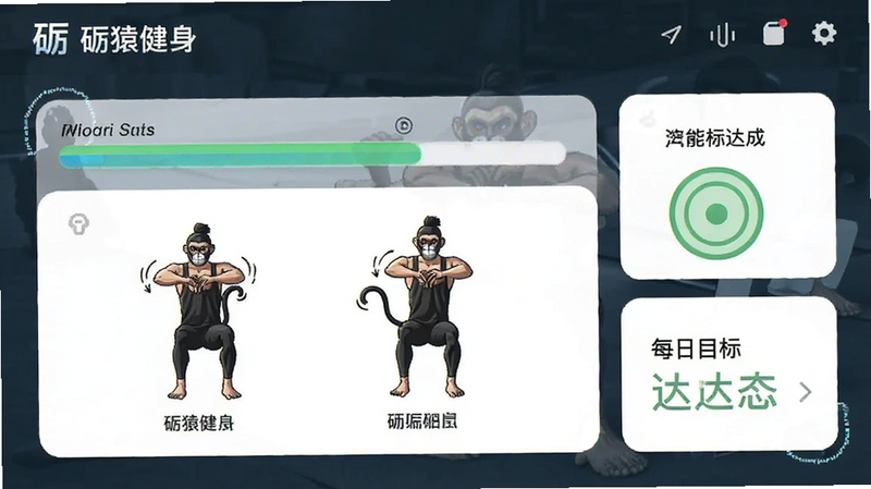 砺猿健身个性化训练界面,显示进度条、动作图解和每日目标达成状态