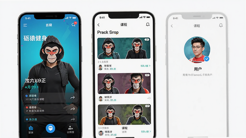 砺猿健身APP界面预览,展示首页概览、课程列表和用户头像,风格现代简约,色彩活力明亮
