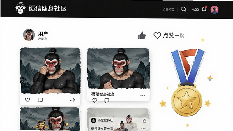 砺猿健身社区页面,展示用户动态卡片、点赞图标和勋章系统