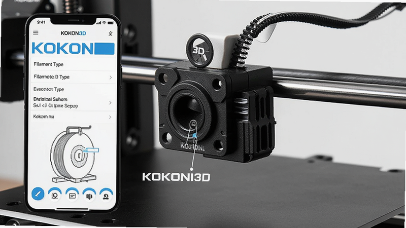 Close-up of KOKONI 3D printer filament loading process, KOKONI3D app interface overlay showing filament type selection, technical diagram style, clear labels, professional lighting