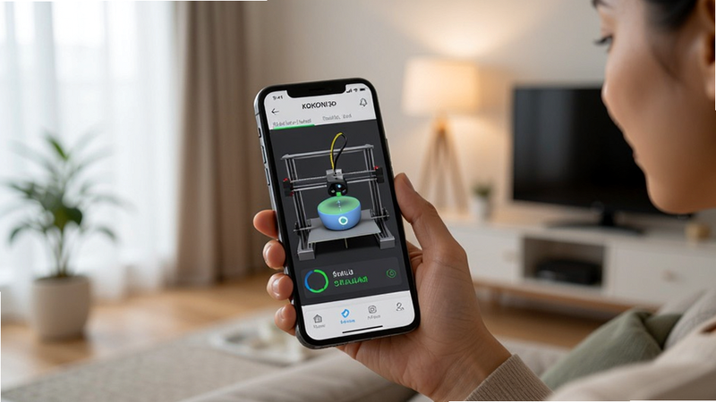 User holding smartphone in living room, KOKONI3D app showing real-time 3D printer status, modern home environment, soft lighting, realistic photography style, clean composition