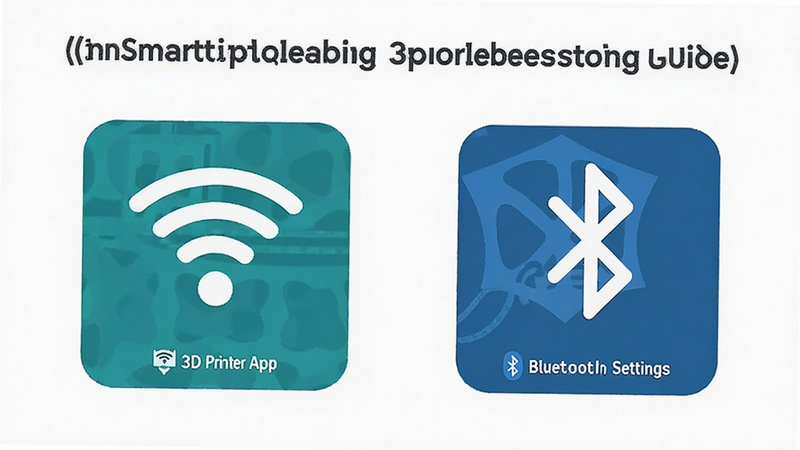 Smartphone troubleshooting guide for 3D printer app, icons showing Wi-Fi and Bluetooth settings, clean instructional graphic, minimalistic style, high clarity