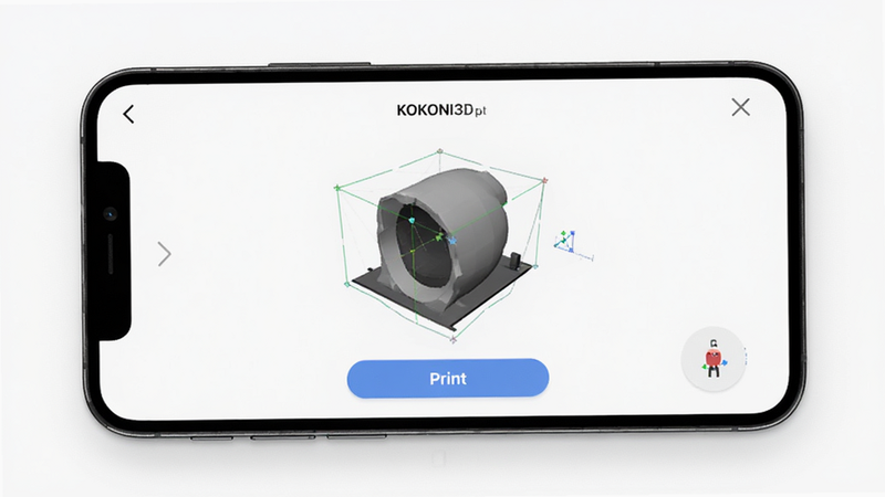 KOKONI3D app interface on smartphone, showing a 3D model preview and print button, modern UI design, clean white background, professional software screenshot style, high resolution, no text artifacts