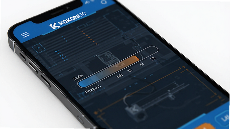 Smartphone screen displaying a 3D printing slicing progress bar, KOKONI3D logo visible, technical interface, blue and orange accents, realistic UI mockup, sharp details