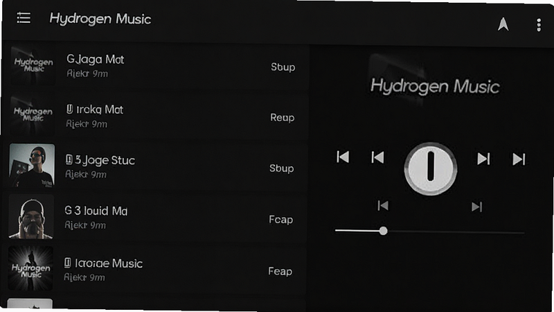 主体为Hydrogen Music安卓应用界面截图,布局采用深黑色背景搭配白色极简文字,排版整齐,左侧显示歌曲列表,右侧为播放控件,风格现代简约,细节清晰,画质高清,干净无多余元素,文字内容包含