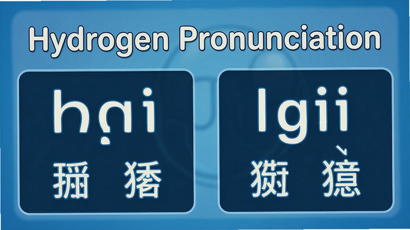 主体为英语单词Hydrogen发音图示,布局包含音标与中文谐音,排版简洁明了,风格教育科普,细节显示音标符号,画质高清,干净无多余元素,文字内容包含