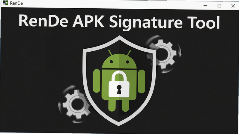 RenDe APK ǩ��������������չʾ����ɫ��������ɫ���ֱ��� 'RenDe APK Signature Tool'��������ʾһ����ɫ�İ�׿������ͼ�����ڱ���ͷ��������Χ�г�����ת���������Ϊ��ƽ���ִ�UI���ɾ��޶���Ԫ�أ����廭��