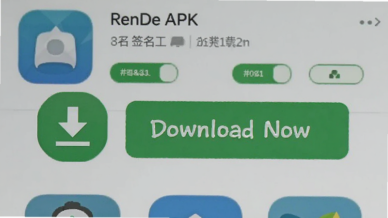 RenDe APK 签名工具 下载按钮示意,绿色下载图标,背景为应用商店界面,文字 'Download Now',风格简洁
