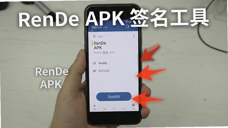 RenDe APK 签名工具 新手教程图解,手机屏幕显示操作步骤,箭头指向按钮,文字清晰,风格教学向,无多余元素